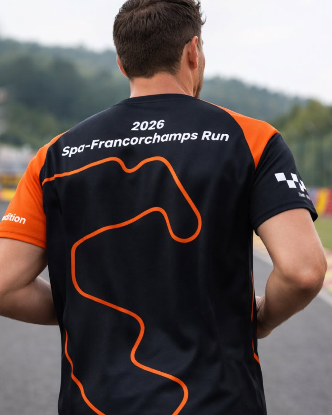 Running shirt of the Spa-Francorchamps Run 2026 with black-orange design and circuit image.
